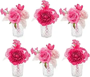 TINGE TIME Wedding Centerpieces Table Decorations, Set of 6, Hot Pink Rose Artificial Flowers Wedding Mini Flowers Bouquets Pre-Made Mini Floral for Dessert Desk Home Decor Gift Glass