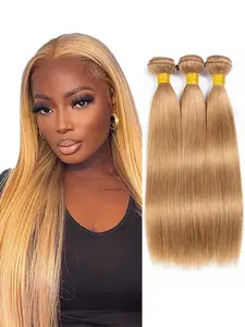 Honey Blonde Bundles Human Hair 3 Bundles Brazilian Vigin Hair 90 Grams/Bundle 12A Grade 100% Unprocessed 27# Blonde Straight Bundle Weaves Extensions