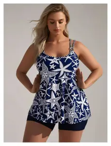 Plus Size Tankini Set - Women's High Neck Swimsuit, Blue Starfish Print, 2 Piece Bathing Suit with Shorts, Conservative Swimwear for Beach Vacation