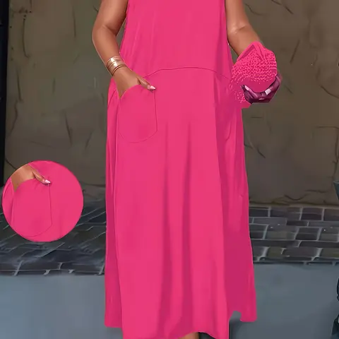 Plus Size Women's Plain Sleeveless Pockets Spring Summer New Arrival, Beach Holiday Dresses, Casual Fashion Clothing for Women, Comfortable, Breathable & Stylish Daily Wear