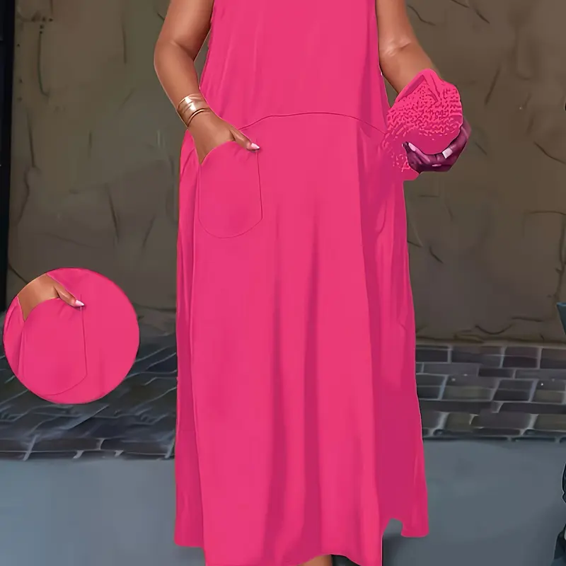 Plus Size Women's Plain Sleeveless Pockets Spring Summer New Arrival, Beach Holiday Dresses, Casual Fashion Clothing for Women, Comfortable, Breathable & Stylish Daily Wear