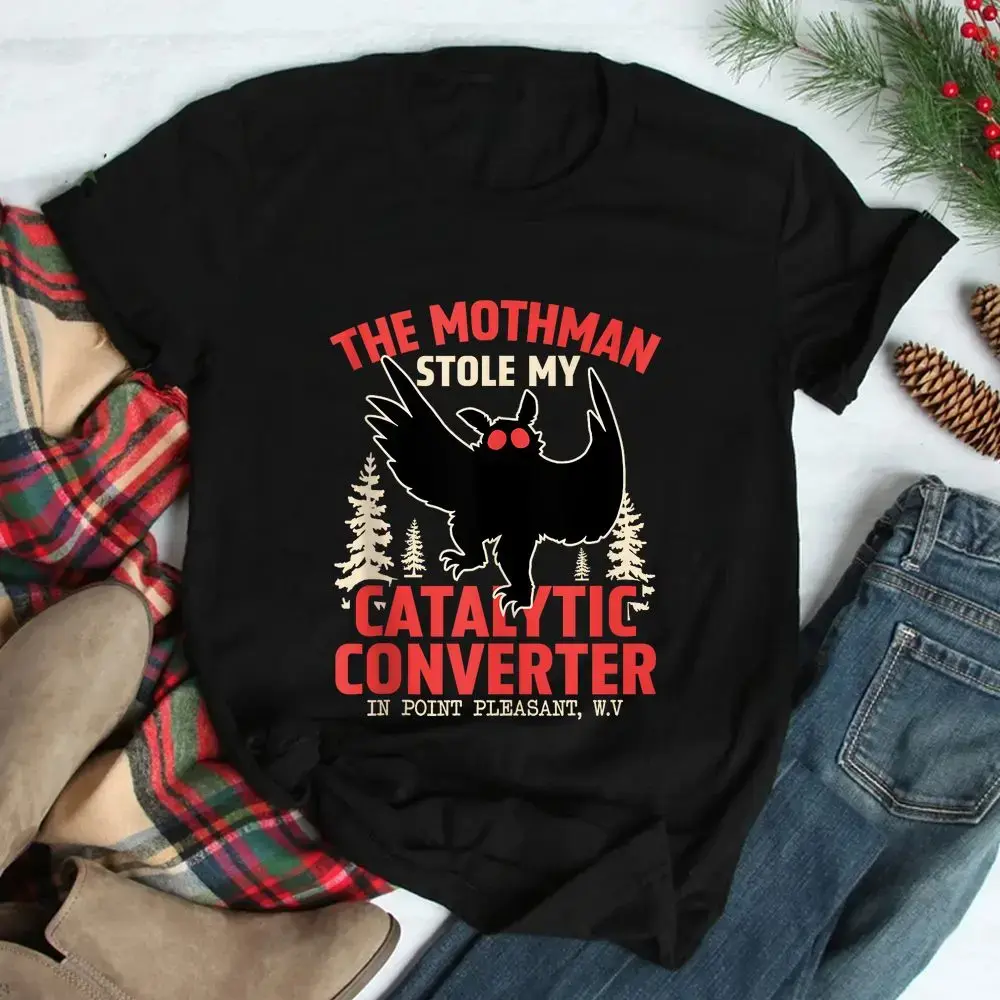 Women's Short-Sleeve Basic Casual Streetwear T-Shirt - Mothman Cryptid Design, "Mothman Stole My Catalytic Converter" Print, Cotton Fabric