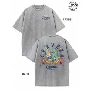 Graphic Tee Featuring Lizard Holding a Beer, "Corona Extra Always Fresh" Print, Retro Washed 230G Pure Cotton, Double-Sided Design, Crew Neck Short Sleeve, Regular Fit, Vintage Streetwear, Unisex Casual Top for Men & Fall Wear