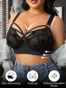 Plus Size Women's Sexy Chic Elegant Lace Detailing Sheer Steel Ring Bra, Full Coverage Push Up Support, Smooth Side Design, Wide Shoulder Straps, Daily Wear, Underwear
