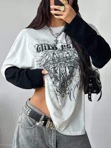 Women's cool street gothic print round neck faux two-piece long-sleeved T-shirt. The casual round neck and long sleeves are suitable for everyday wear, comfortable and stylish, and suitable for any occasion.