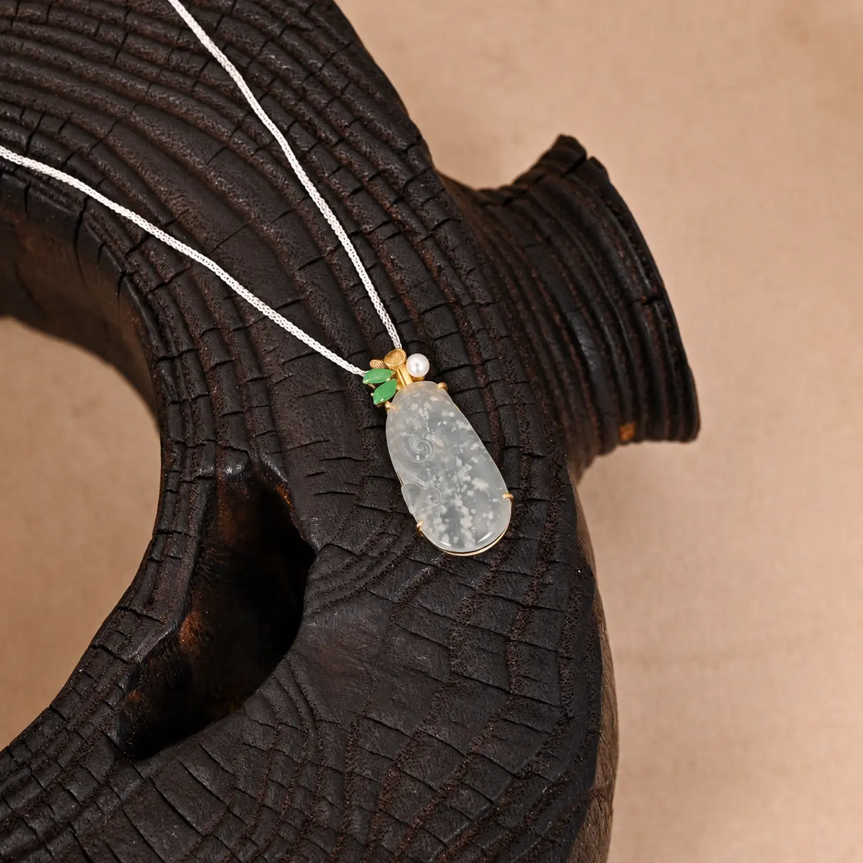 The 18K Gold "Wish" Jade Pendant ONLY– Icy Translucent Snowflake Jadeite Ruyi