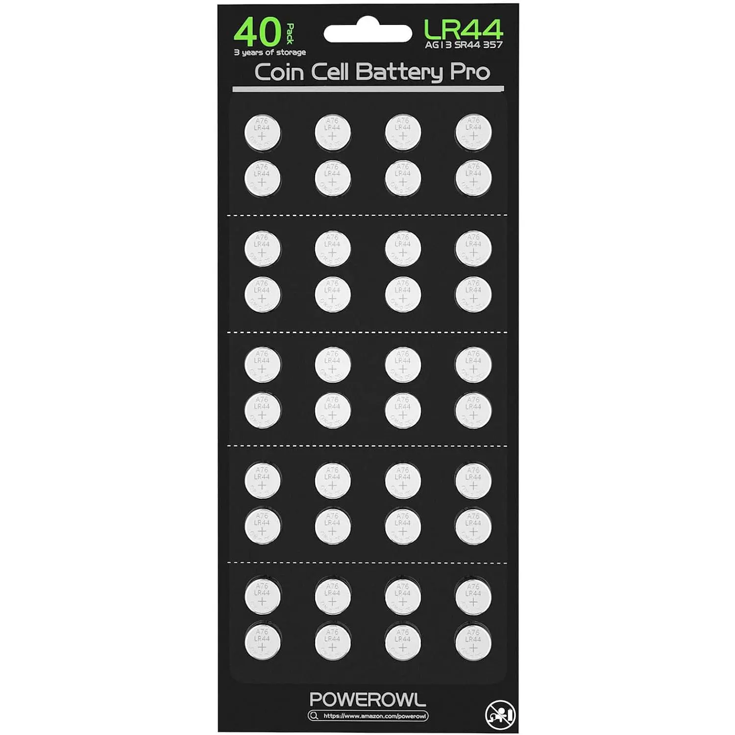 POWEROWL High-Capacity LR44 Button Batteries (40-Pack) - 1.5V Premium Alkaline Coin Cell Batteries Compatible with L1154F, AG13, 357, 303, SR44, A76 for Phones & Electronics Accessories,button battery