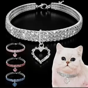 Adjustable Elastic Hypoallergenic Pet Collar with Crystal Rhinestone Heart Pendant, Princess Style for Small/Medium Dogs & Cats - Reflective Safety Design, Multi-Row Sparkling Diamonds, Food-Grade TPU Material, Fashionable Night Walking Accessory