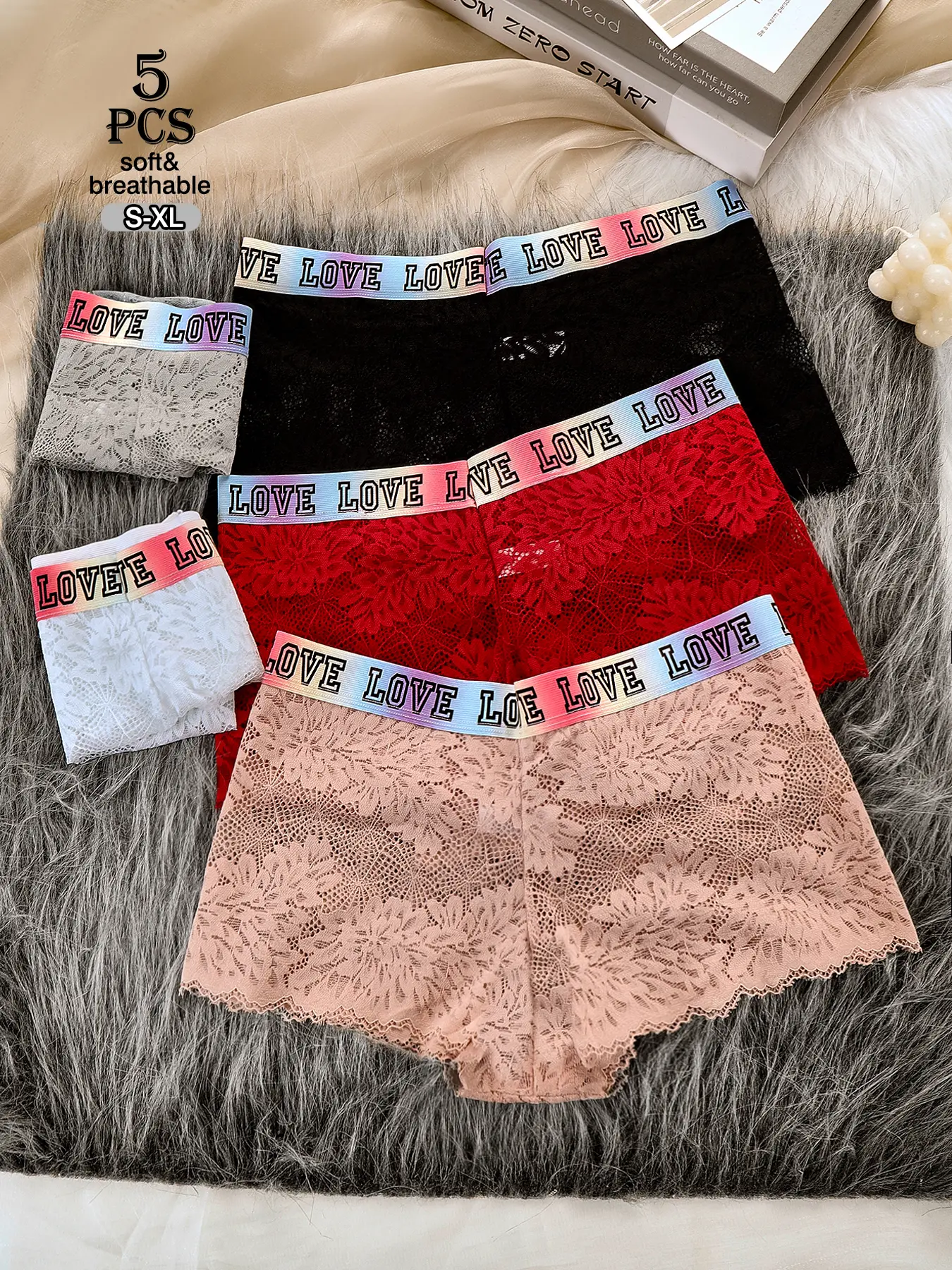 5 pieces women's briefs, lace splicing design, colorful elastic waistband design, fashionable and casual, size S-XL Womenswear Cute