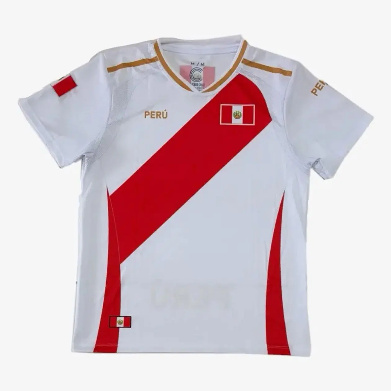 Peru Soccer Jersey White with Blue Trim and National Flag Design Official Team Apparel