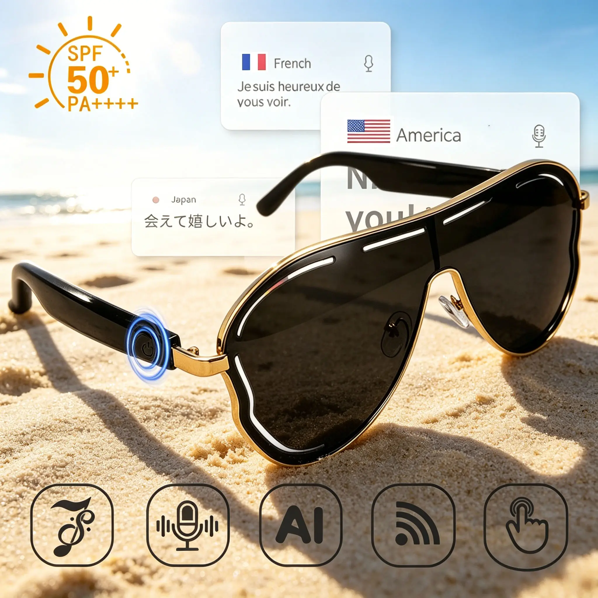 Smart Bluetooth Glasses, Wireless Smart Glasses, 100+ Languages AI Translation, Open-Ear Audio Multifunctional Smart Sunglasses, Touch Control, Hands-Free Calls, Voice Assistant, UV Protection for Driving Outdoor Business Travel Gift