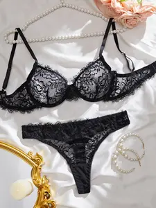 Women's Floral Lace Bra Set, Spring Summer New Arrival, Transparent Sexy Comfortable Bralette Bras, 2 Piece Suit, Elegant Ladies Underwear, Underwear Sets