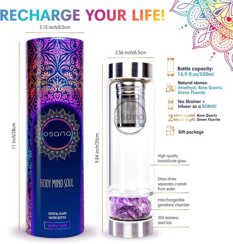 OSANA Crystal Water Bottle with 3 Changeable Healing Crystals – Amethyst, Rose Quartz, Green Fluorite – Loose Leaf Tea Bottle – Gem Elixir Infused Glass Water Bottle - 16.9 oz