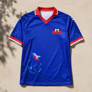 Haiti-Inspired Blue Athletic Jersey, Unisex Red Trim Game Day Shirt, Caribbean Style Sports Top