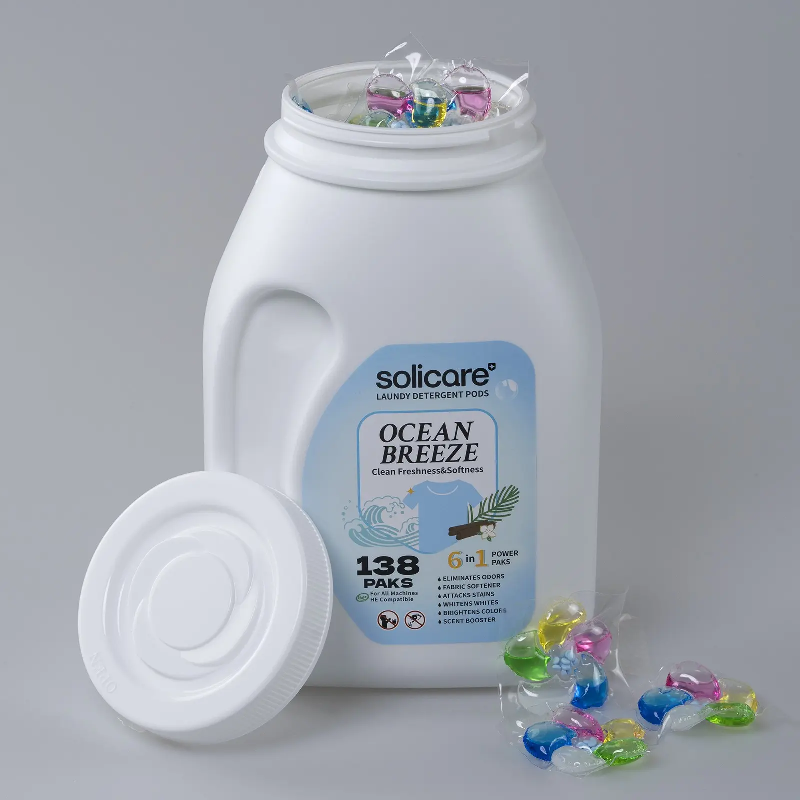 138 Count Solicare Laundry Detergent Pods, Scented Laundry Detergent, Fresh Ocean Breeze Scent, 6-In-1 Odor Removal, Ideal for Active Families & Gym Wear