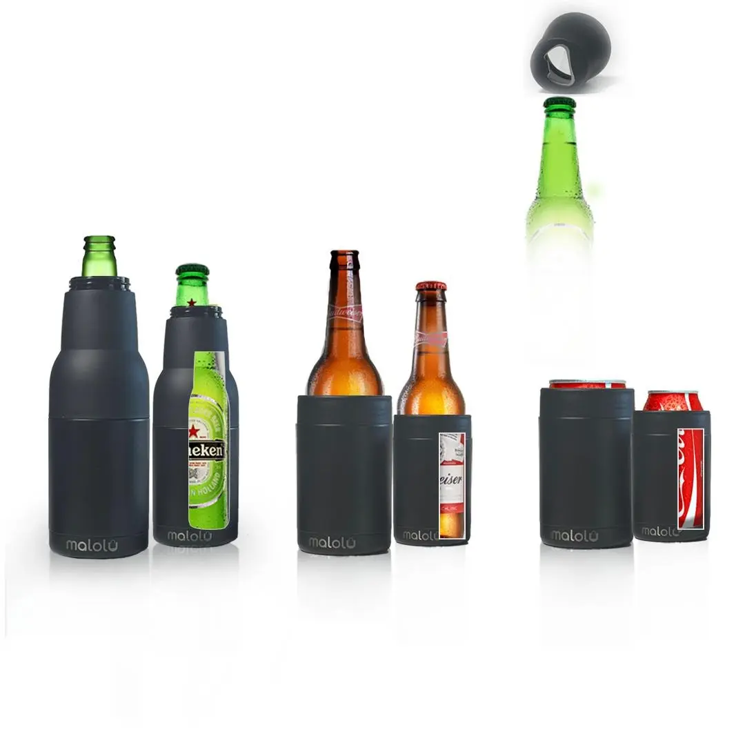 Multi-Function Beer Bottle Insulator. Stainles Steel Bottle Cooler for 12 oz Glass Bottles, Regular Cans or Skinny Cans. Coffee Tumbler & Can Opener
