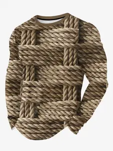 Men's Comfortable Casual Sporty 3D Rope Print Round Neck Long Sleeve T-Shirt, Fitted Style, Spring & Fall Fashion, Long Clothing Length