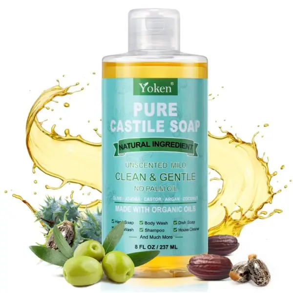 Pure Castile Liquid Soap Organic (EWG Verified, 8 OZ), Made with Organic Oils, No Added Fragrance, Vegan, Castile Soap Liquid for Face, Laundry, Dishes, Sensitive Skin, Travel soaps