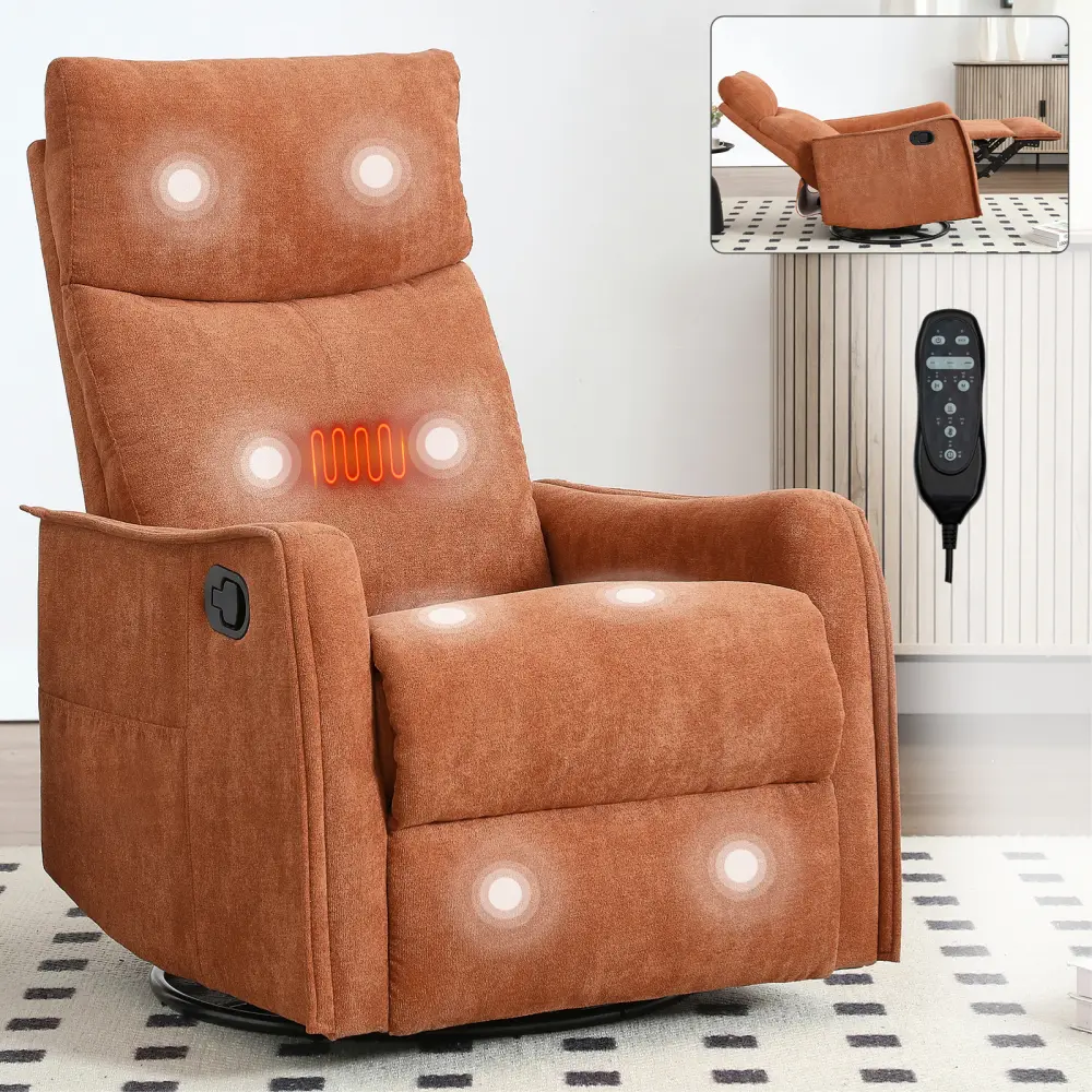 Heated Vibrating Massage Recliner Chair - Manual Adjustment, Rocker, Swivel, Timer, Fabric Upholstery - Indoor Living Room Furniture Chair
