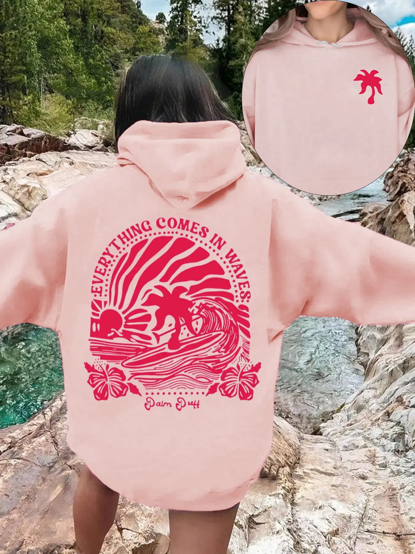 Women's Loose Casual Drawstring Hoodie with Pocket, Palm Tree Print, Tropical Vibe, Comfortable Fall & Winter Fashion Top, Easy to Pair Sweatshirts