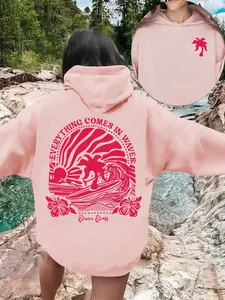 Women's Loose Casual Drawstring Hoodie with Pocket, Palm Tree Print, Tropical, Comfortable Fall & Winter Fashion Top, Easy to Pair