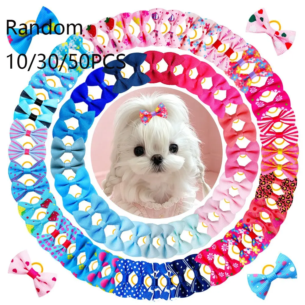 10/30/50pcs Blue Cute Puppy Dog Small Bowknot Hair Bows, Yorkie Poodle Doggie Bows with Rubber Band, Pet Grooming Bows for Small Dogs