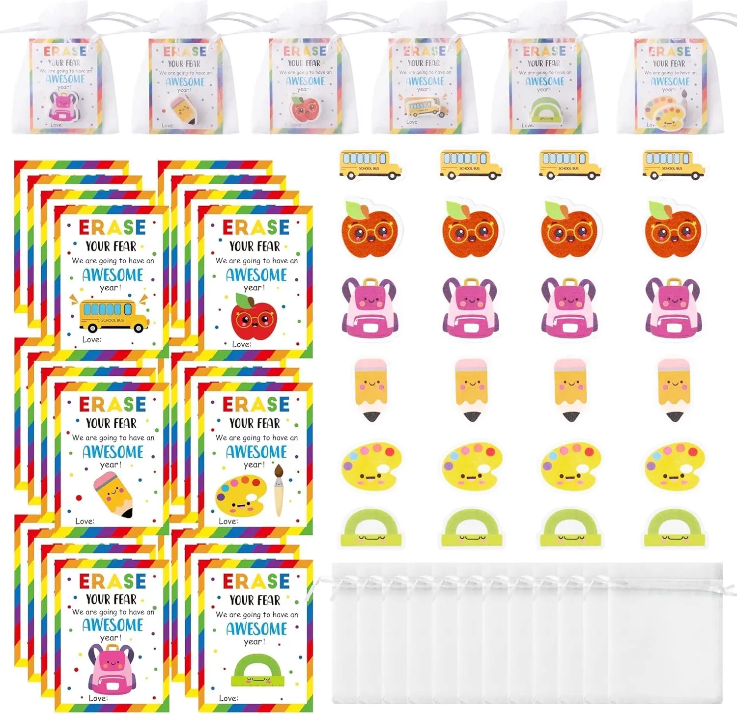 Back to School Mini Erasers Gifts Cards Bulk - 24 Sets 3D Cute Motivational Inspirational Cartoon Apple Erasers Organza Bags Reward Gifts for Teacher Student Classroom Exchange Gift Game Prize