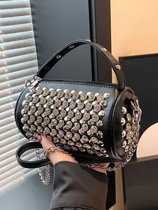 Niche Street-fashion Diamond-studded Cylindrical Bag, Paired with Metal Chain Strap, Single-shoulder, Fashionable Daily Crossbody, Cross-body Multi-purpose Bag, Suitable for Shopping, Cross Body Bags