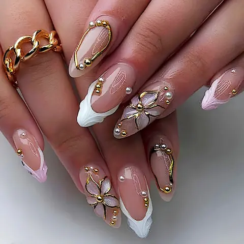 24pcs Almond French Tip Press-On Nails, Summer Fake Nails Set, French Tips Nails, Fashion 3D Flower Pearl Nails, Decorative Nails, Wearable and Removable Nail Art, Salon Quality Nails, Nails Press Ons