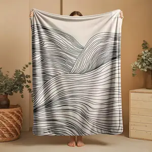 1 piece Minimalist abstract wavy line mountain texture themed flannel blanket - Modern-style flannel blanket, suitable for sofas and beds, all-season use, super soft and comfortable, digital printing, 100% polyester material, machine washable