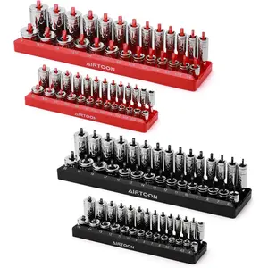1/4-Inch & 3/8-Inch Drive Socket Organizer Trays 4-Piece SAE and Metric Socket Tray Set Deep and Standard Socket Holders for Toolbox Black & Red