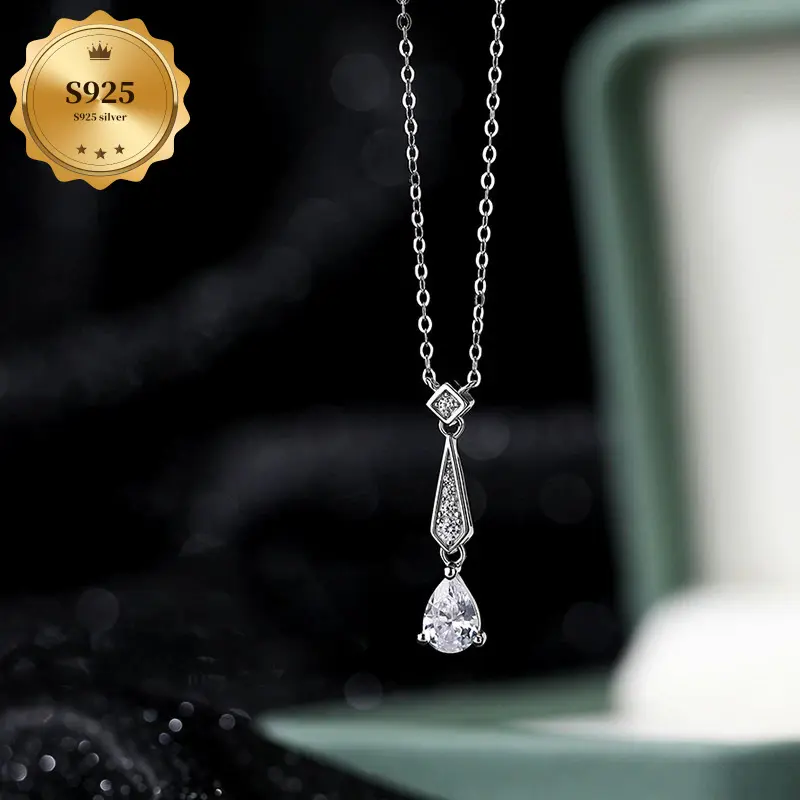 Women's S925 Sterling Silver Necklace - Elegant Cubic Zirconia Water Drop Pendant, August-Birthstones Jewelry, Valentine's Day Gift for Daily, Casual, Campus-Related Wear