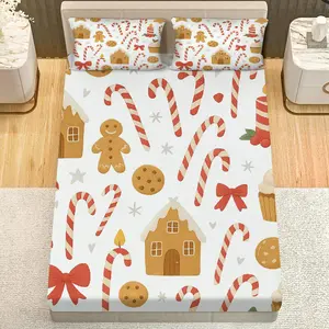 3Pcs Gingerbread Candy Cane Bow Fitted Sheet Three Piece Set (1*Fitted Sheet+2*Pillowcases, Coreless), Christmas theme, Festive Holiday Bedding Set, Mattress protector Soft, Breathable