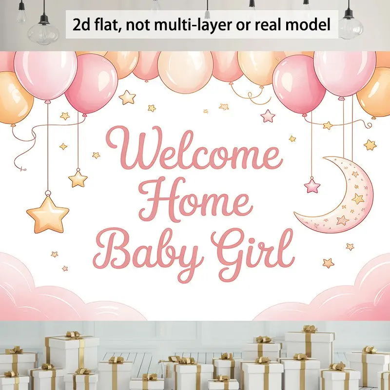 2D Flat Polyester Backdrop Decorative Banner Featuring 1pc of Welcome Home Baby Girl Balloons Made from Durable Fabric, Perfect for Classrooms, Offices, And Events - Great for Photo Booth Additions And Home Decor, Backdrops For Photoshoot