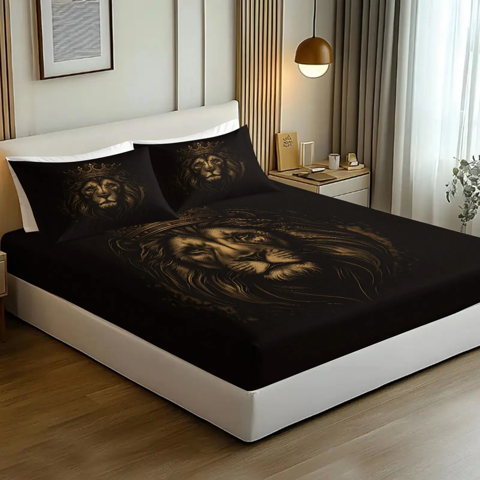 3pcs Golden Crowned Lion Print Fitted Sheet Set, Luxury Bed Sheet Set, Soft Microfiber Printed Bedding Set (No Fillers), Regal King of Jungle Mattress Cover for Men & Modern Bedroom Decor, Decorative Bedsheet Sets, Luxurious Sleeping Experience, All Sizes