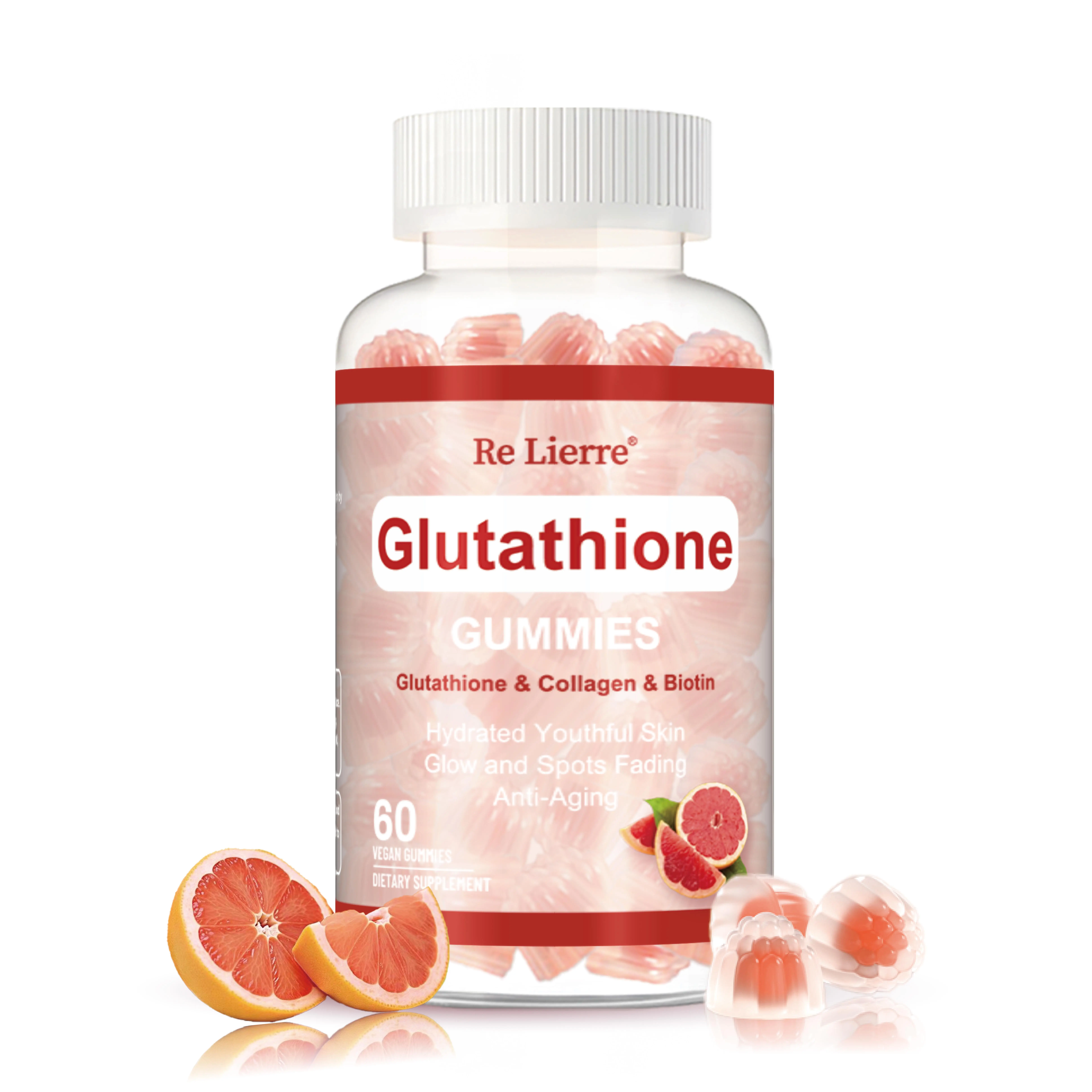 Re Lierre Foods Supplements, Glutathione 400 mg,WithCOLLAGEN & BIOTIN, Free RadicalNeutralizer, 60 Fruity Gummy Cand,Grapefruit Flavor