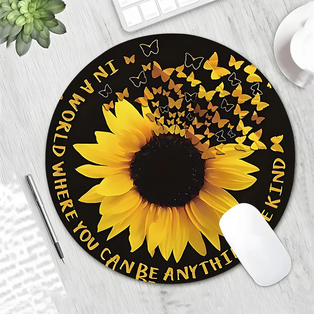 Sunflower and Butterfly "Be Kind" Design Round Gaming Mouse Pad, Mousepad, Aesthetic Desktop Protective Pad, Rubber Anti-slip Lockedge Work Pad, Small Size Suitable for Laptop, Desktop Computer Games, Work, Family, Desktop Accessories