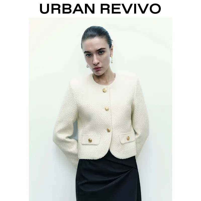 URBAN REVIVO Women's Textured Tweed Jacket, Elegant Long Sleeve Outerwear in Polyester Fabric, Versatile for Casual Looks