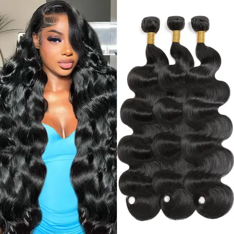 AMSKDUM 12A Grade 100% Unprocessed Brazilian Virgin Body Wave Human Hair Bundles 18-22 Inch Natural Black 3 Bundles Per Pack Full & Thick Soft & Bouncy Hair Extension