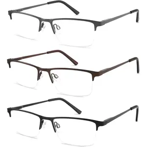 3 Pack Blue Light Blocking Reading Glasses Men Readers Anti Glare UV Metal Semi-frame Spring Hinge Lightweight Sturdy Trendy Eyeglasses 2.25+