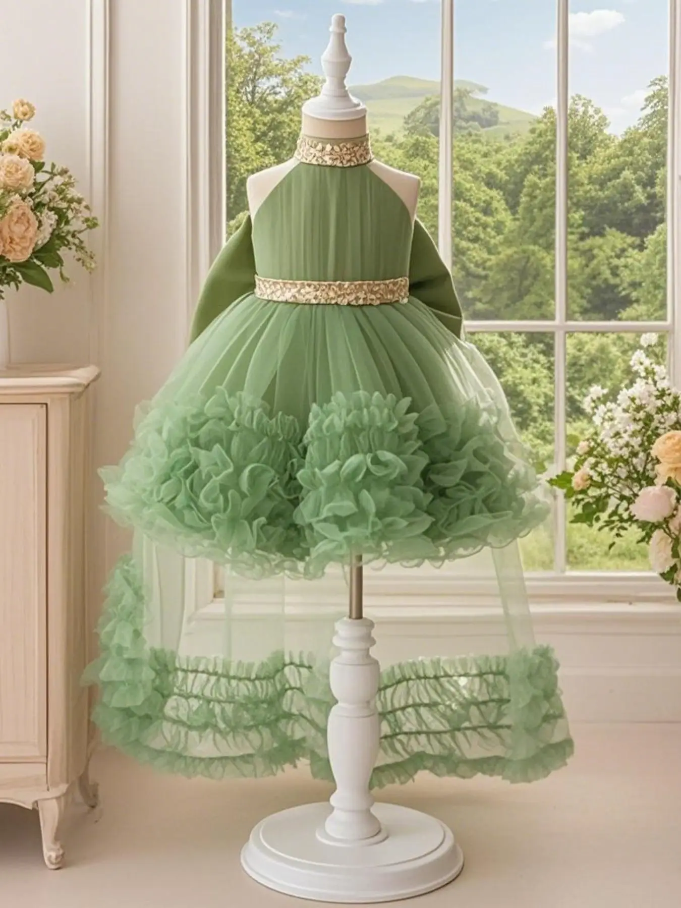 Girl's Glitter Sequin Decor Ruffle Trim Sweater Dress, Elegant Sleeveless Round Neck A Line Dress for Party Performance Birthday, Kids Clothes for Spr