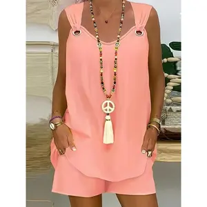 [Plus Size Solid Shorts Set] Plus Size Casual Solid Color Shorts Set, Tank Top & Shorts Outfits For Summer, Women's Plus Size Clothing
