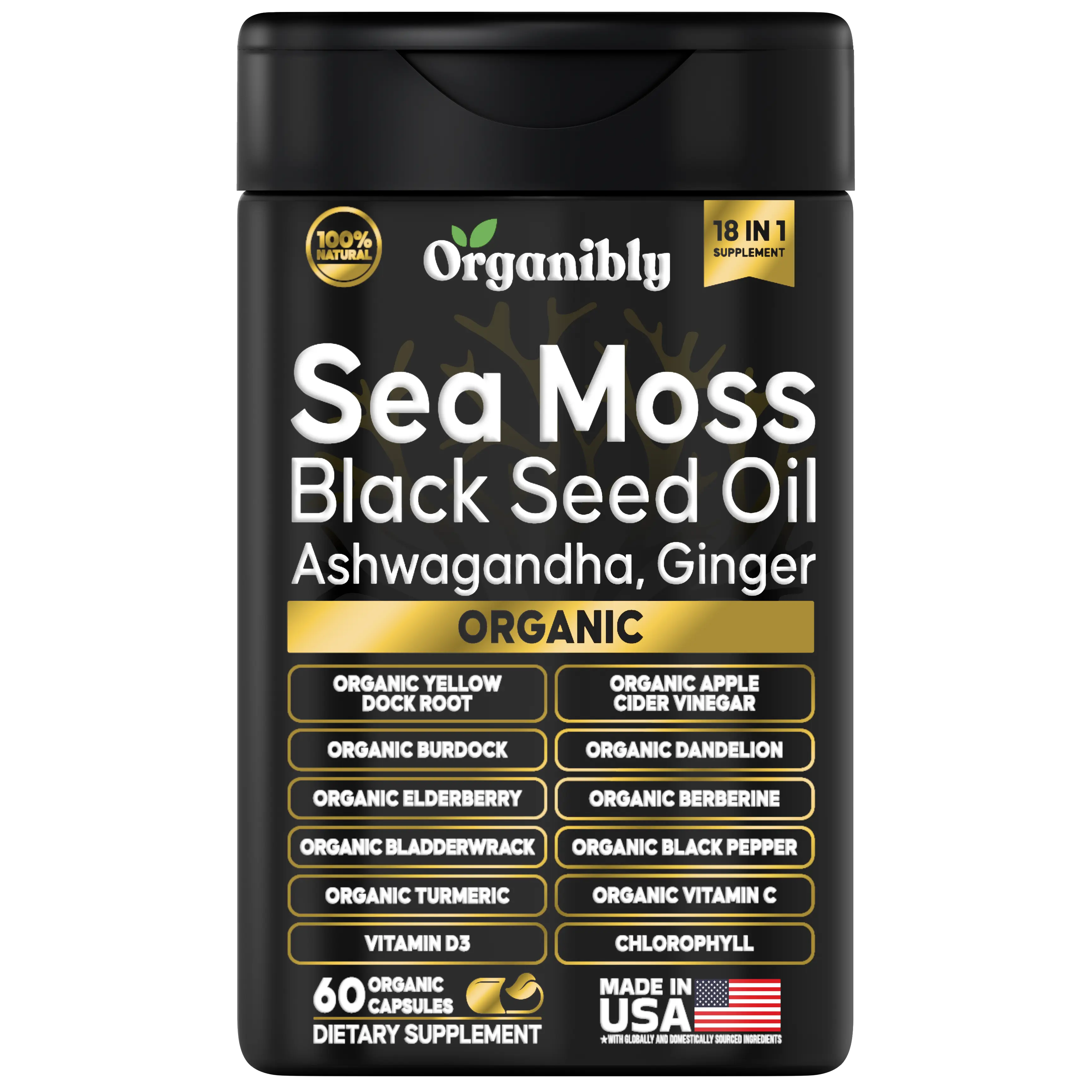 Organibly Sea Moss Organic Supplement | MultiMineral Sea Moss, Black Seed Oil, Ashwagandha & Tumeric - Health & Welness Supplement Capsule Healthcare Edible Fitness | Made In USA
