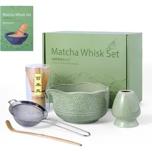 Matcha Whisk Set,5 Pcs Matcha Kit includes 18OZ Ceramic Bowl with Spout,Bamboo Whisk,Holder,Bamboo Scoop, Stainless Sifter for Matcha Lovers Beginners