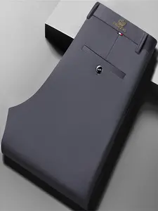 Men's Embroidered Loose Straight Leg Elastic Formal Pants, Anti-Wrinkle Comfortable Business Trousers for All Seasons