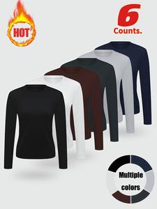 women's solid round neck sports thermal underwear top, sporty fit casual basic long sleeve crew neck top for daily outdoor wear, gym clothes, ladies sportswear for all seasons, clothing