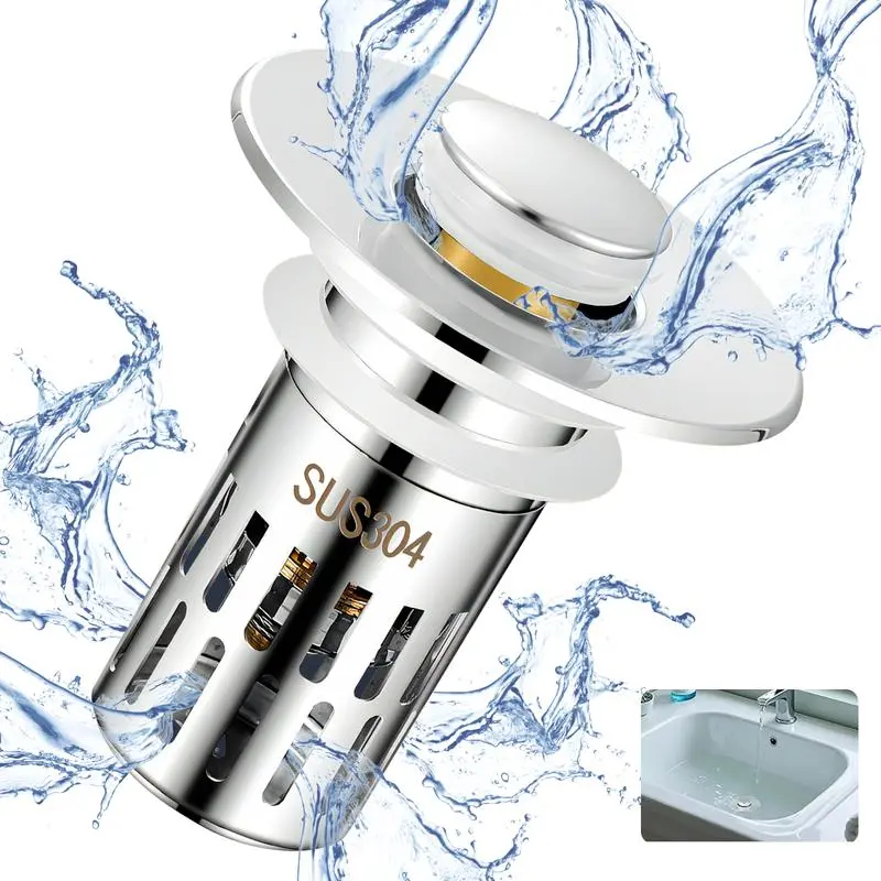 Universal Pop Up Bathroom Sink Stopper Hair Catcher, Tool-Free Installation Drain Plug with Removable Stainless Steel Basket Filter for Washbasin