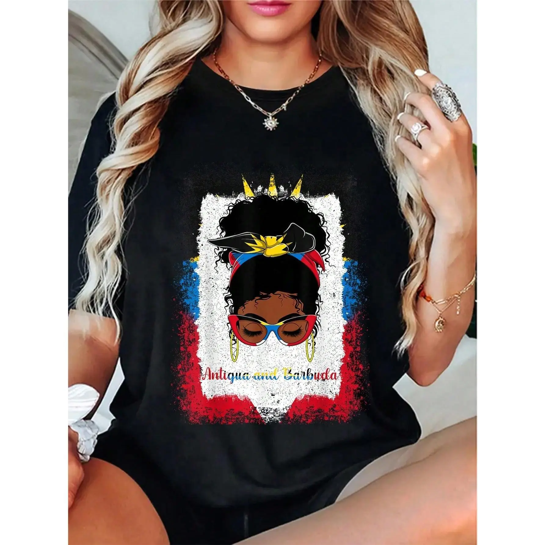 100% Cotton Messy Bun Antigua And Barbuda Flag Womens Woman Girl T-Shirt Casual Short Sleeve Shirt Summer, Cotton, Casual, Short Sleeve, Graphic Tee, Soft, Breathable, Loose Fit, Streetwear, Daily Wear, T-Shirtt