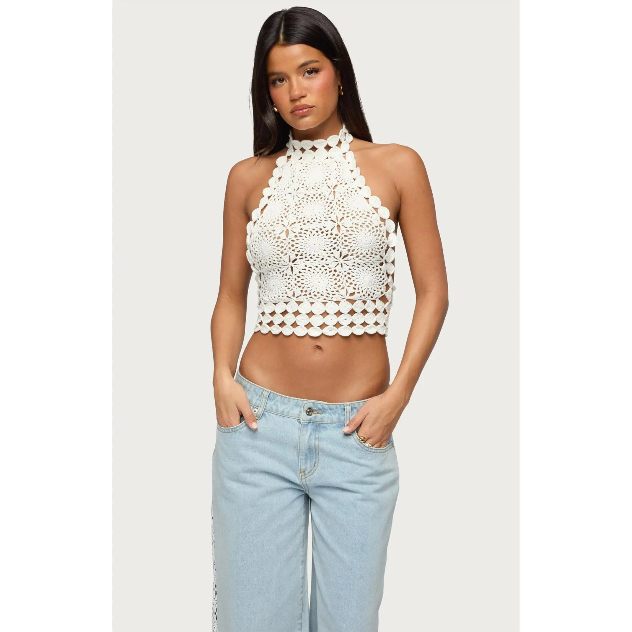Edikted Women's Backless Crochet High Neck Halter Top