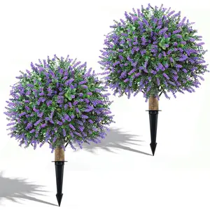 24" Artificial Lavender Boxwood Topiary Ball Trees, 2 Pack UV Resistant Fake Bushes Plants for Outdoor, Faux Shrub with Ground Spike for Indoor Front Porch Garden